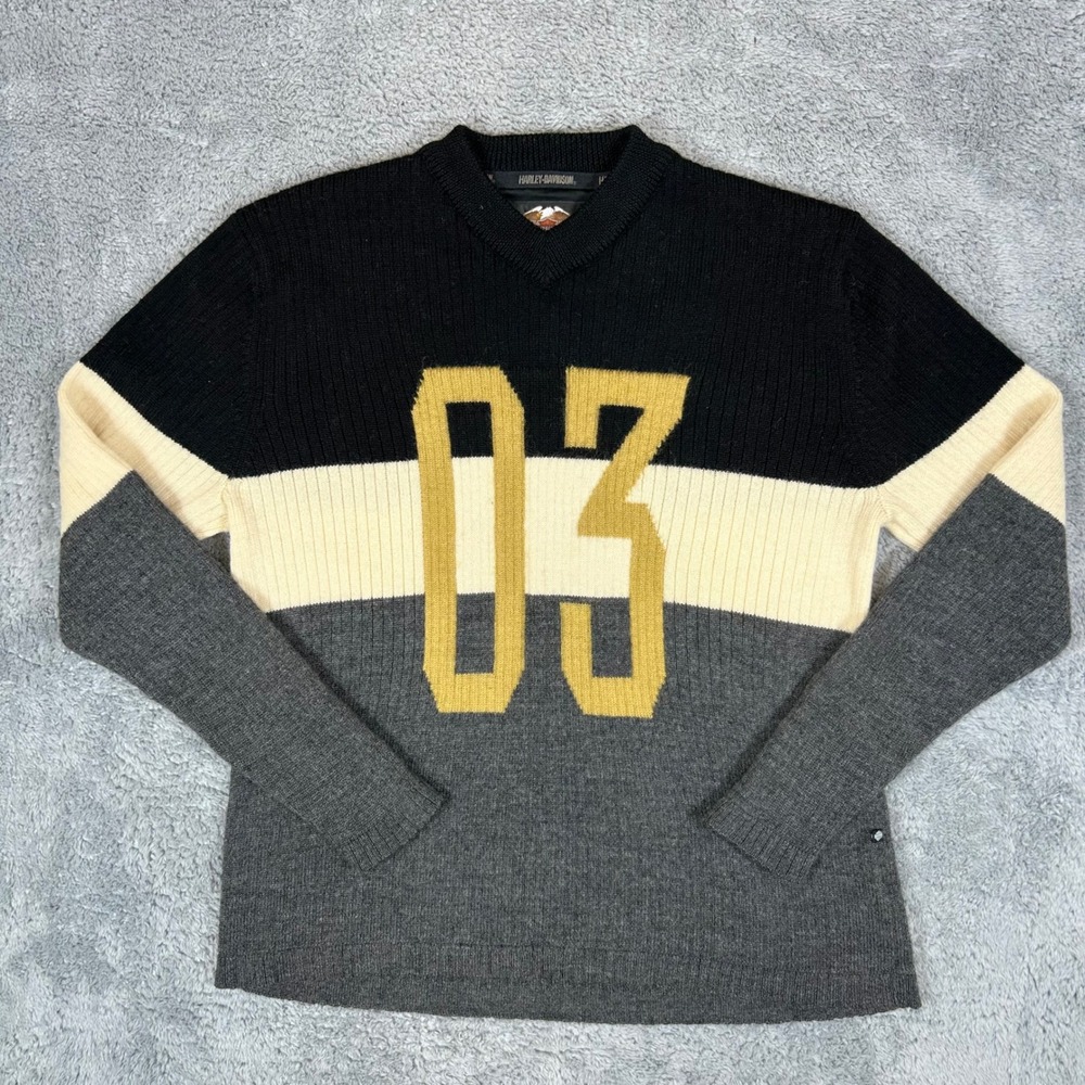Harley-Davidson Vintage Mens Wool Colorblock 03 V-Neck Sweater Black Grey Large